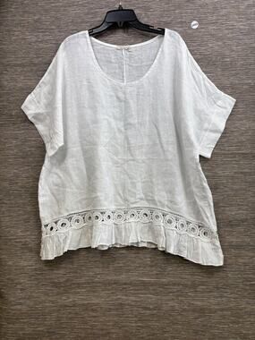 Anna Melani Blouse Womens 3X White Linen Scoop Neck Crochet Ruffle Tunic Top NEW